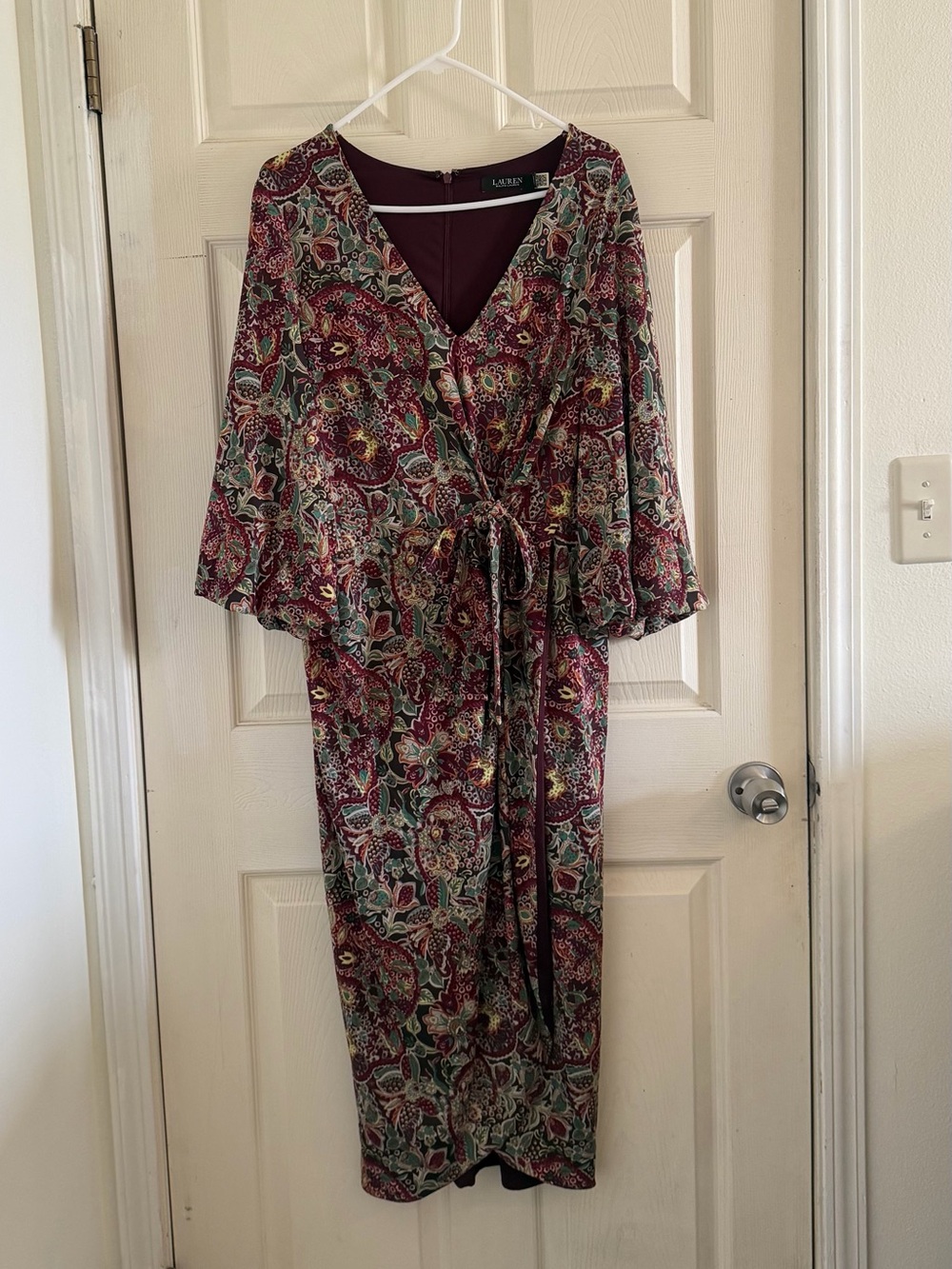 Ralph Lauren Burgundy Floral V-Neck Wrap Dress